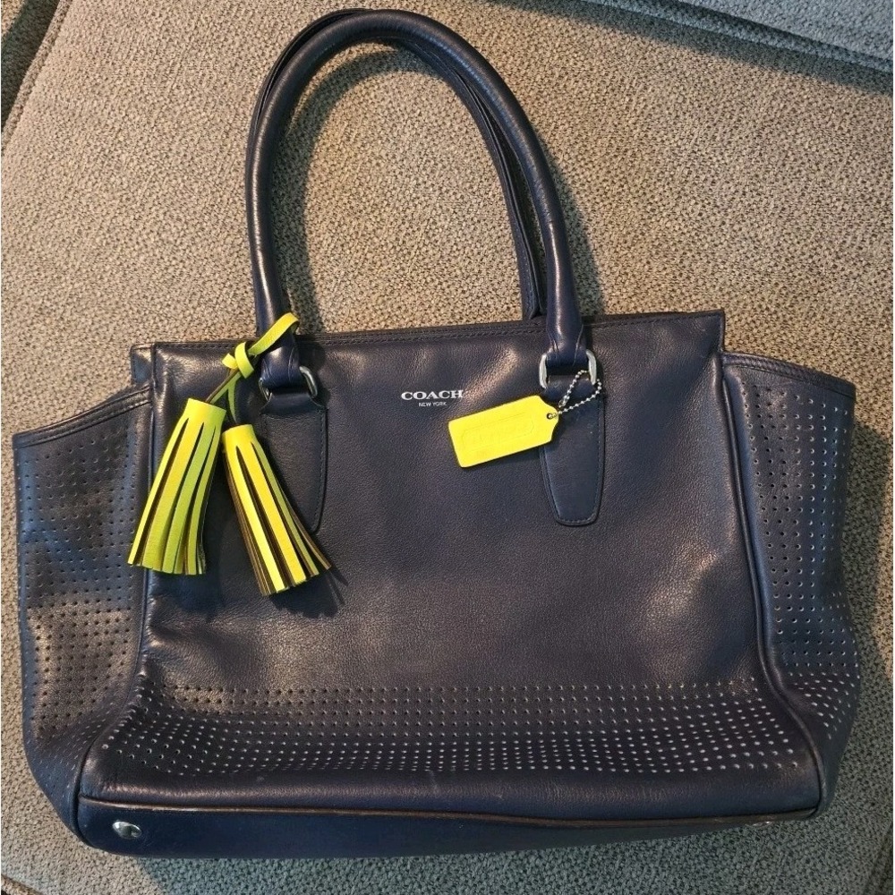 Coach Navy Leather Shoulder Bag with Yellow Tassel - Picture 2 of 14